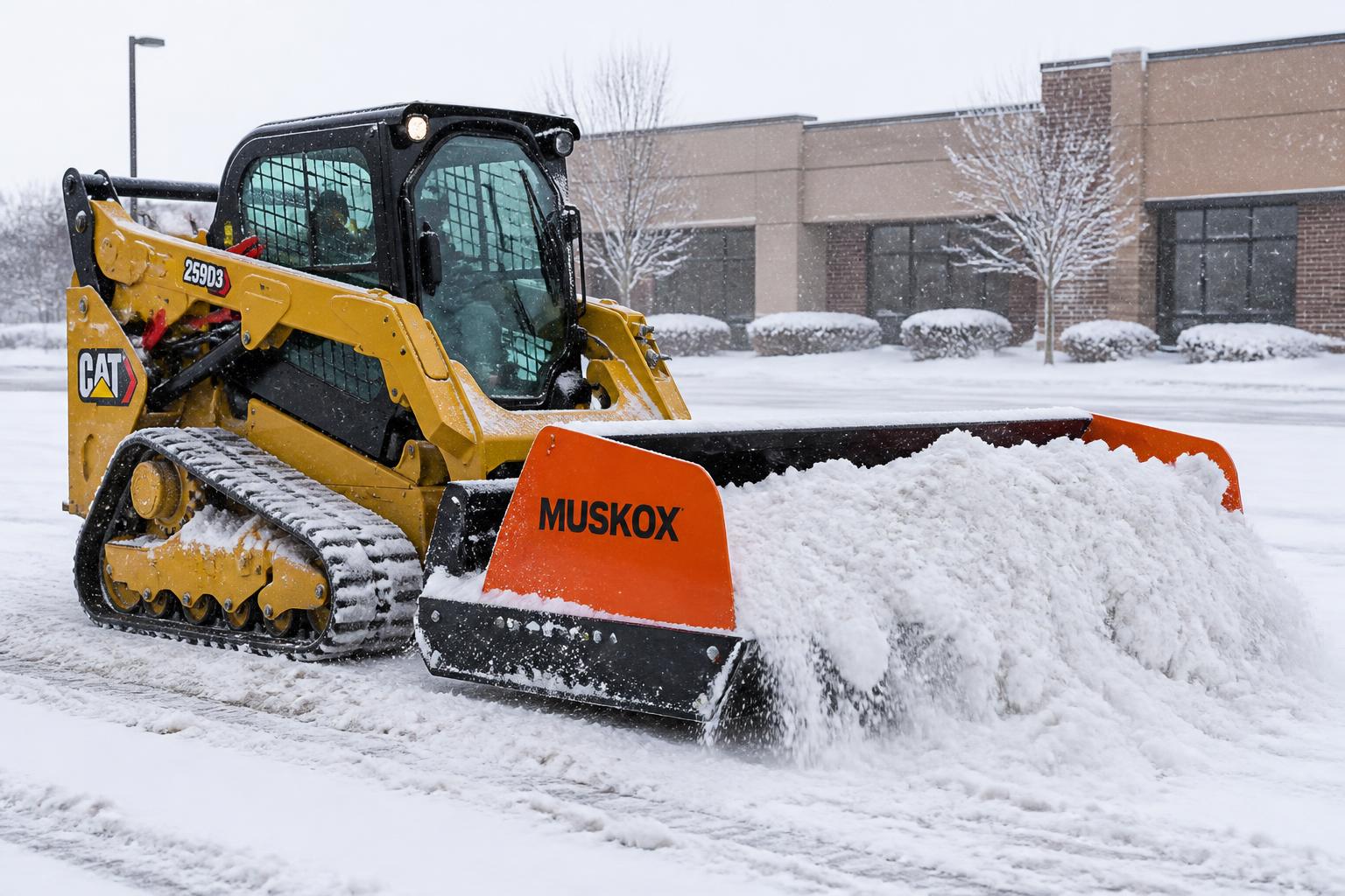Compact loader with a snow pusher moving snow on a commercial property