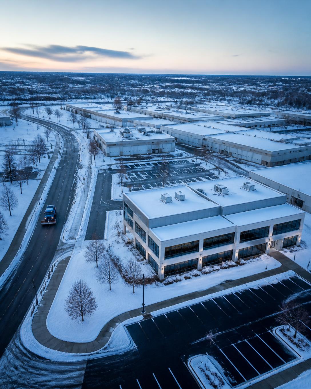Commercial campus with freshly plowed parking lots after snowfall