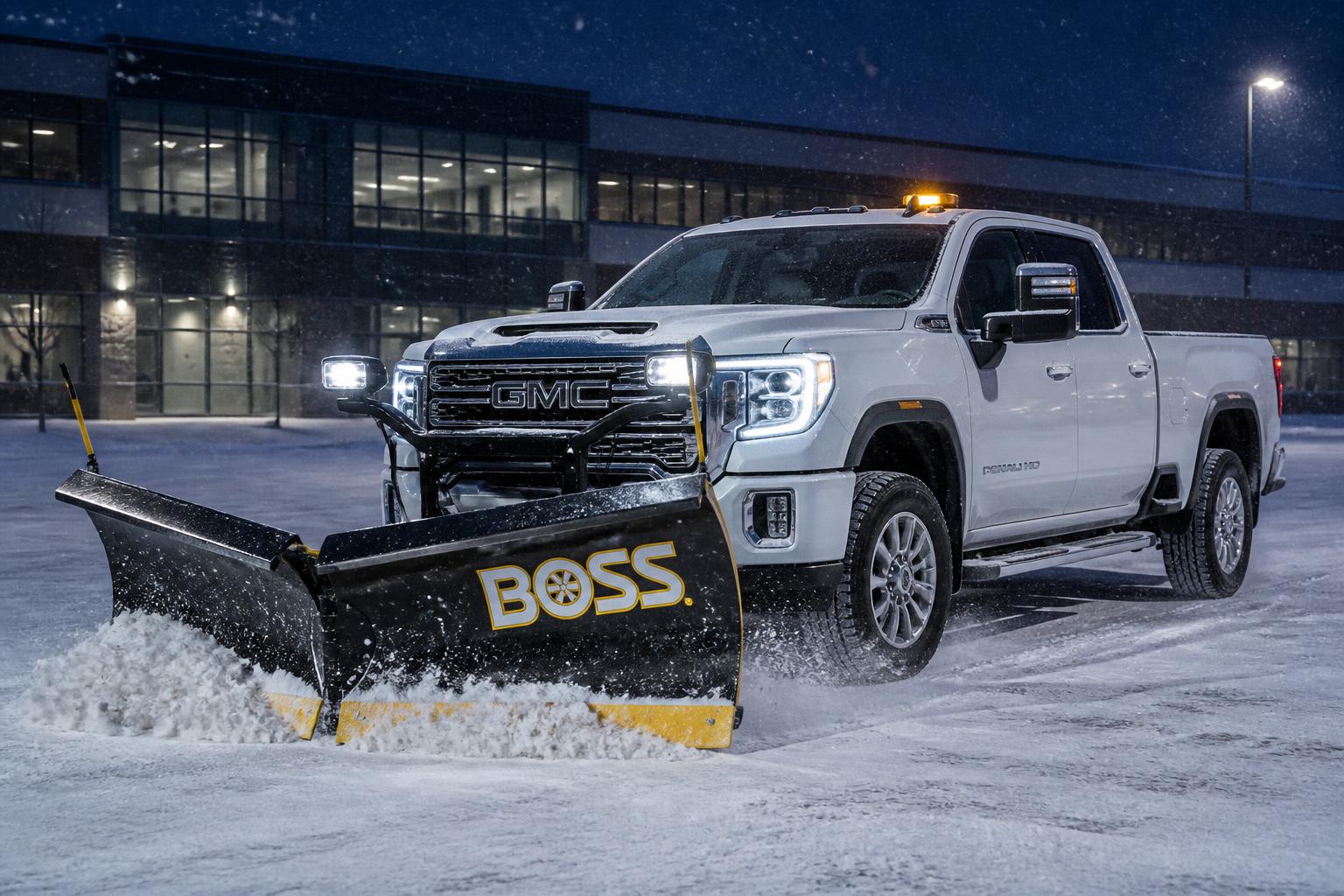 Plow truck clearing snow from a commercial parking lot