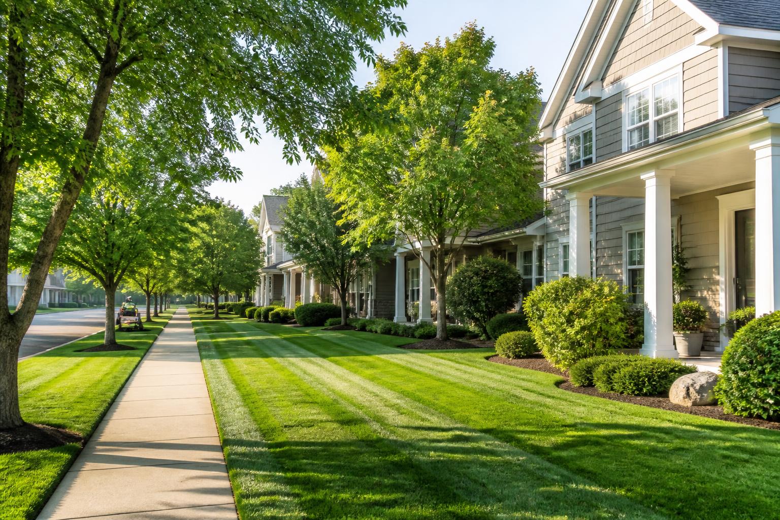 Maintained lawn and landscaping in a homeowners association community